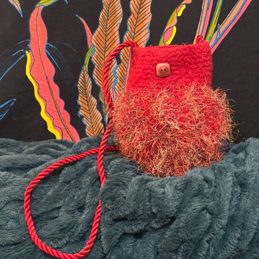 Handmade Crossbody Felted Bag, Fuzzy Eyelash Knit, Red
